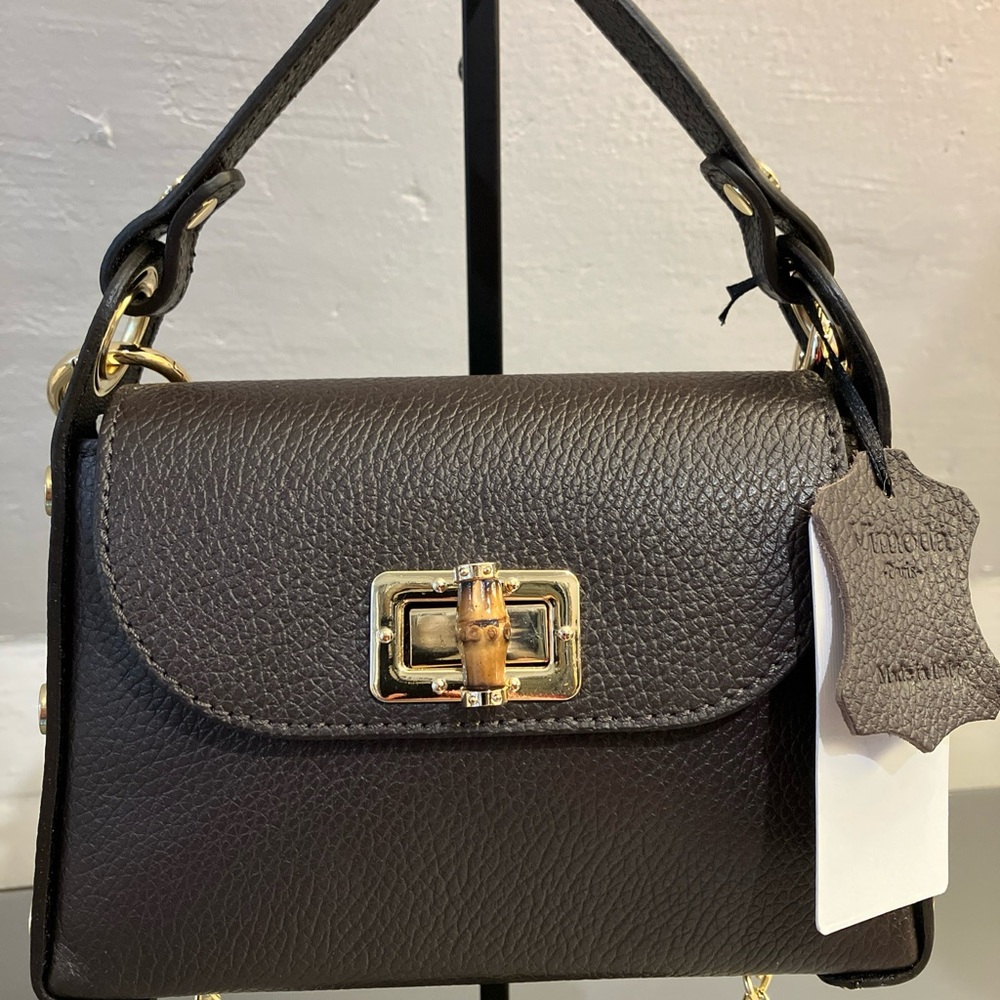 Vimoda Brown Leather Top-Handle Mini Bag with Gold Hardware